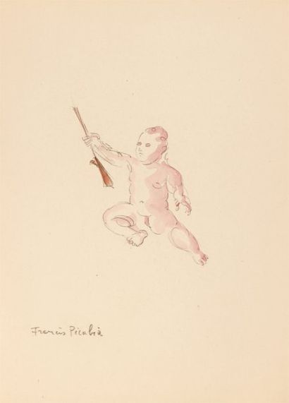 Francis PICABIA « Enfant assis tenant un fusil » Aquarelle sur traits de crayon signée...