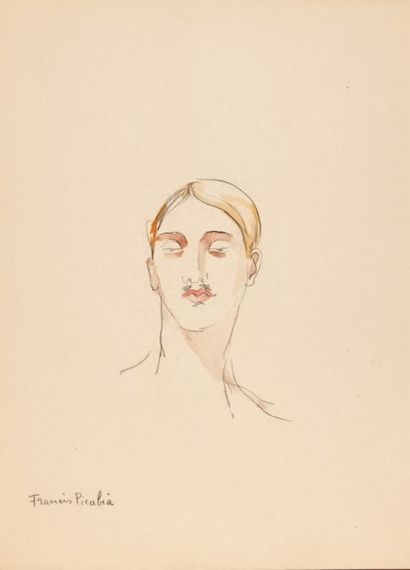 Francis PICABIA « Tête d'homme à la moustache ». Aquarelle sur traits de crayon signée...