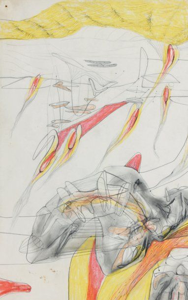 Roberto MATTA « Composition surréaliste », circa 1940. Crayons sur papier (élément...