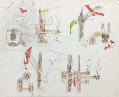 Roberto MATTA « Personnages totémiques », circa 1945. Crayons sur papier. Non signé....