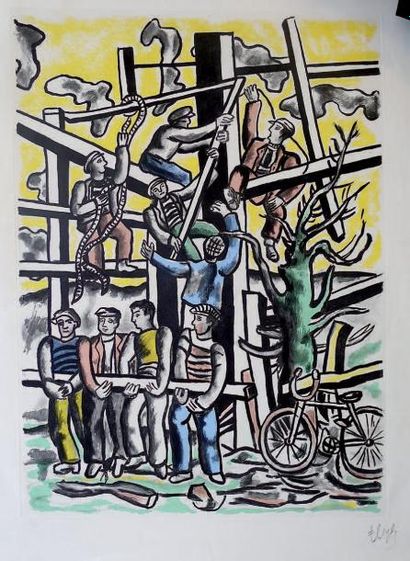 Fernand LÉGER (1881-1955) Les Constructeurs, 1953. [Saphire 128]. 62,5 x 45 cm. Aquatinte...