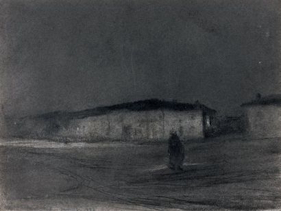 Jules BASTIEN-LEPAGE (1848-1884) La place de Damvillers au crépuscule, 1884. Fusain,...