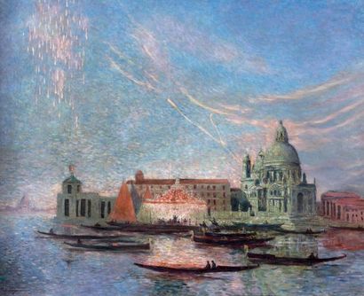 Ferdinand du PUIGAUDEAU (1864-1930) Feu d'artifice et manège à la Dogana, Venise....