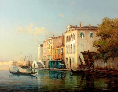 Colette BOUVARD (1941-1996) Gondolier, quai à Venise. Huile sur toile, signée en...