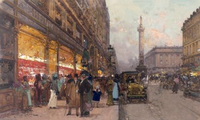 EUGÈNE GALIEN LALOUE (1854-1941) Paris, rue de la Paix. Gouache, signée en bas à...