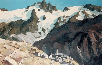 Lucien POIGNANT (1905-1941) Le massif de la Meije, 1934. Huile sur panneau, signé...