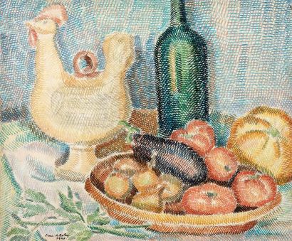 Pierre DE BELAY (1890-1947) Nature morte au coq en céramique, 1940. Huile sur toile...