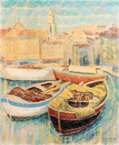 Pierre DE BELAY (1890-1947) Le port de Saint-Tropez, 1940. Gouache vernie sur papier,...