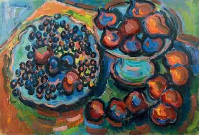 Pierre DE BELAY (1890-1947) Fruits, 1946. Huile sur toile, signée et datée en haut...