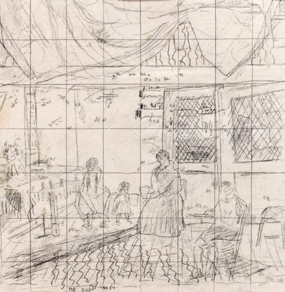 Alexis GRITCHENKO (1883-1977) Personnages sur une terrasse. Etude au crayon sur papier...