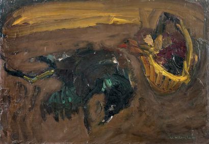 Vasyl KHMELUK (1903-1986) Nature morte à l'oiseau et au panier. Huile sur isorel,...