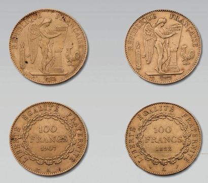 TROISIEME REPUBLIQUE (1871-1940) 100 Francs or: Type Génie. 2 exemplaires (1882 -...