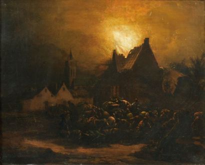 POEL Egbert van der (Delft 1621 - Rotterdam 1664) "Villageois fuyant avec leurs bêtes...
