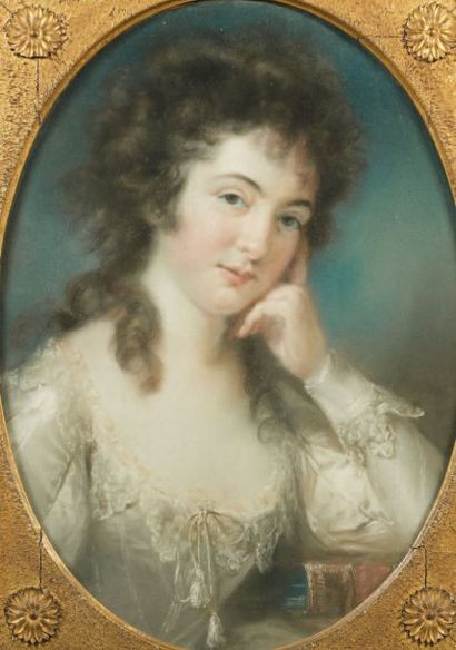 RUSSEL John (1745-1806) "Portrait de jeune femme accoudée sur un livre". Pastel de...