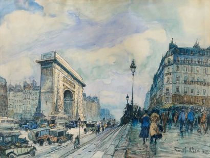 FRANK-WILL (1900-1951) Paris, les Grands Boulevards et la porte Saint Denis. Fusain...