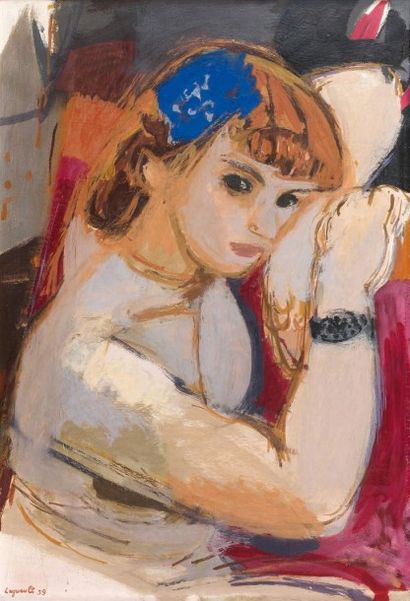 Raymond LEGUEULT (1898-1971) Jeune femme accoudée, 1939. Huile sur toile (esquisse)...