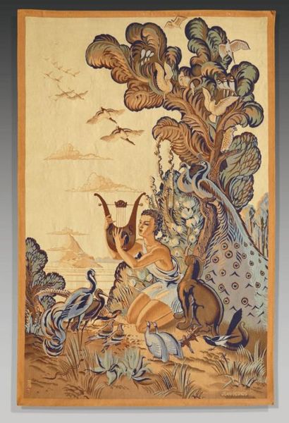 Jean DESNOS (1910-1950) Orphée charmant les animaux. Tapisserie signée en bas à droite....