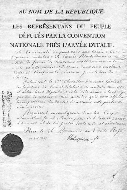 ROBESPIERRE (Maximilien) Proposition d'emploi manuscrite, signée 30 Avril 1794; 2...