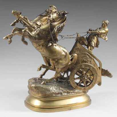 Prosper LECOURTIER (1855-1924) Aurige romain retenant ses chevaux. Epreuve en bronze...