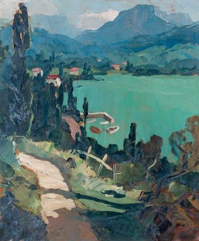 Lucien POIGNANT (1905-1941) «Lac du Bourget à Tesserves». Huile sur panneau signée...