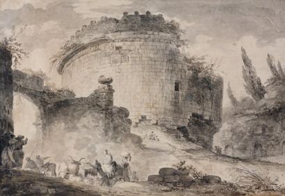 Attribué à Hubert ROBERT (1733-1808) Villageois et troupeau devant les ruines du...