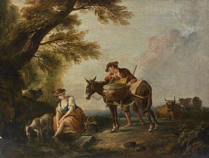 Attribuée à Jean-Baptiste CLAUDOT (1733-1805) Coquette bergère et galant muletier....