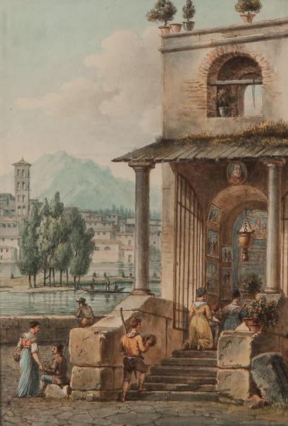 VICTOR-JEAN NICOLLE (1754-1826) Dévotion dans une chapelle italienne. Aquarelle et...