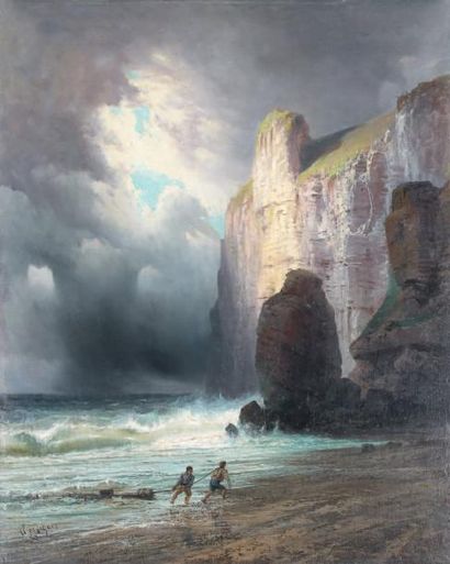 Emile GODCHAUX (1860-1938) Après le naufrage, au pied de la falaise. Huile sur toile...
