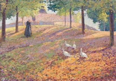 PAUL MADELINE (1863-1920) Jeune fille et les oies. Huile sur toile signée en bas...