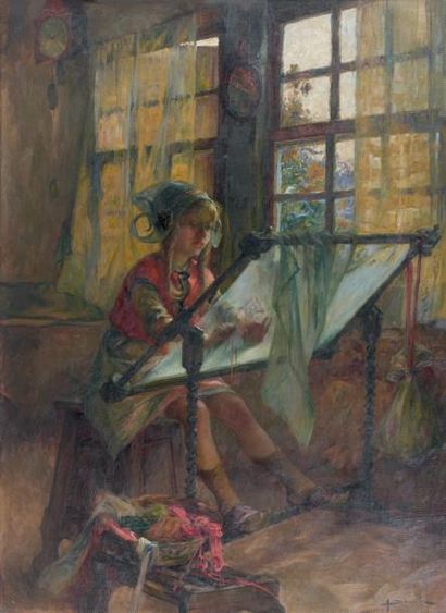 Henri DARIEN (1864-1926) Jeune fille au métier à broder. Huile sur toile signée en...