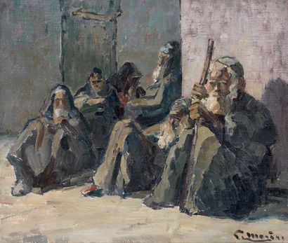 Louis MORÈRE (1888-1949) Mendiants juifs à Marrakech. Huile sur toile signée en bas...