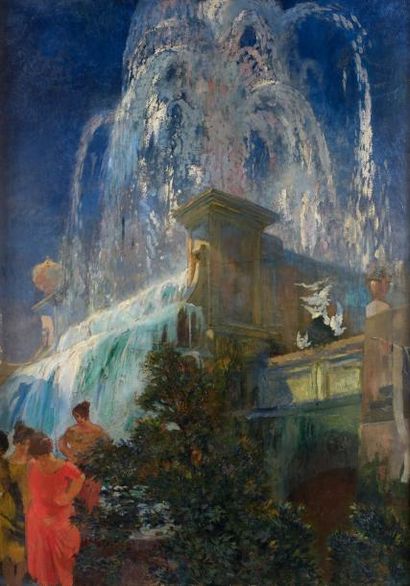 Albert BESNARD (1849-1934) Jeux d'eau et fontaine à Rome, 1921. Huile sur papier,...