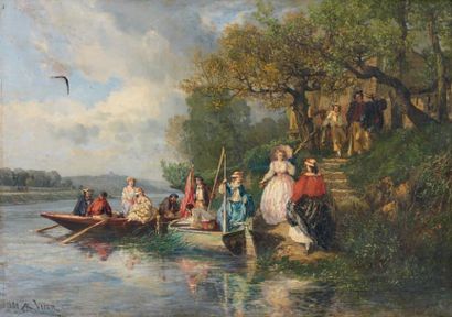 Alexandre René VÉRON (1826-1897) L'embarquement, 1862. Huile sur toile signée et...