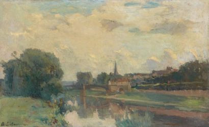 Albert LEBOURG (1849 - 1926) Village en bord de rivière. Huile sur toile signée en...