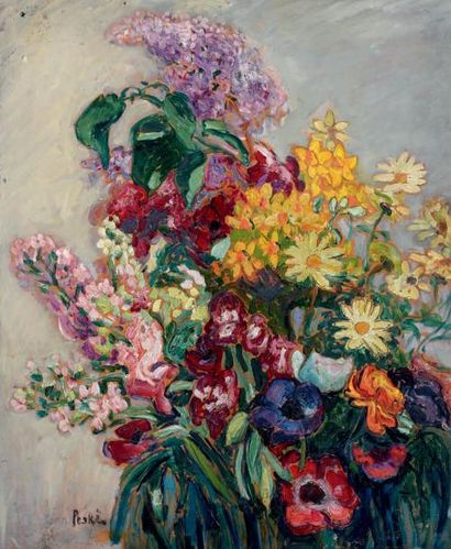 Jean PESKÉ (1870-1949) Bouquet de fleurs. Huile sur panneau signée en bas vers la...