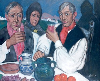 Ismael de LA SERNA (1897-1968) Trois Basques à table, 1924. Huile sur panneau signée,...