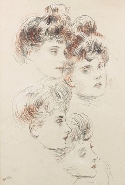 Paul-César HELLEU (1859-1927) "Etude de quatre têtes de femme". Dessin aux trois...
