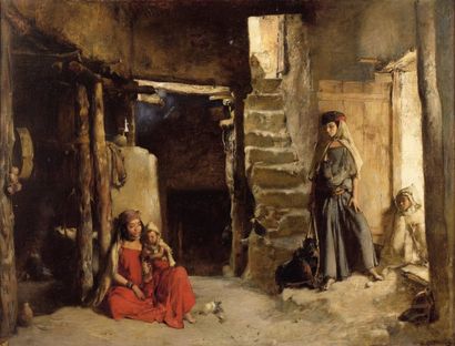 Gustave-Achille GUILLAUMET (1840-1887) "Intérieur de maison à Bou-Saâda". Huile sur...