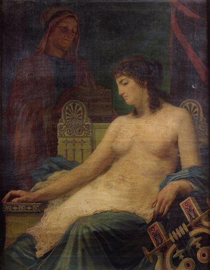 Auguste-Alexandre HIRSCH (1833-1912) "Femme assise près d'une lyre". Huile sur toile,...