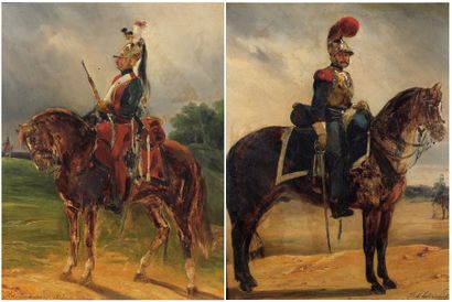 Adolphe LADURNER (1798-1856) "Dragon à cheval". "Carabinier à cheval". Deux huiles...