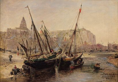 Jules Noël (1815-1881) "Vue du port du Tréport à marée basse". Huile sur toile, signée...