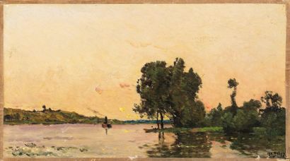 Hippolyte-Camille DELPY (1842-1910) "Vapeur sur la rivière". Huile sur panneau, signée...