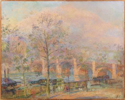 ALBERT LEBOURG (1849-1928) "Les bouquinistes près du Pont Neuf, Paris". Huile sur...