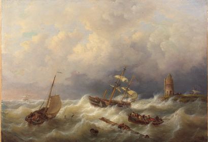 Georges-Wilhelm OPDENHOFF (1807-1873) "Voiliers dans la tempête près d'un phare"....