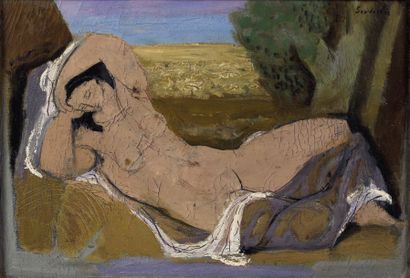 Jean SOUVERBIE (1891-1981) "Femme allongée". Huile sur toile, signée en haut à droite....
