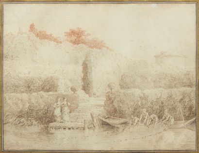 Hubert ROBERT (1733-1808) "La remontée des filets près de villageoises". Sanguine,...