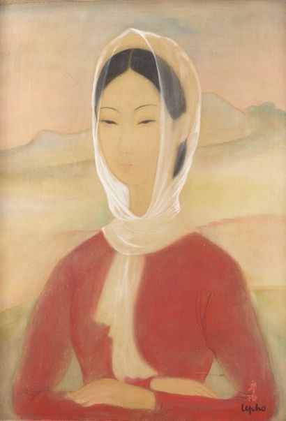 LE PHO (1907-2002) "Jeune fille à la veste rouge". Gouache sur soie, signée en bas...