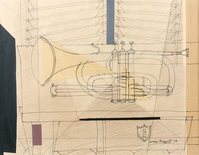 Max PAPART (1911-1994) Etude de trompette. [19]56. Technique mixte (collage et feutres),...
