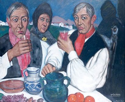 Ismael de LA SERNA (1897-1968) Trois Basques à table. 1924. Huile sur panneau, signé,...