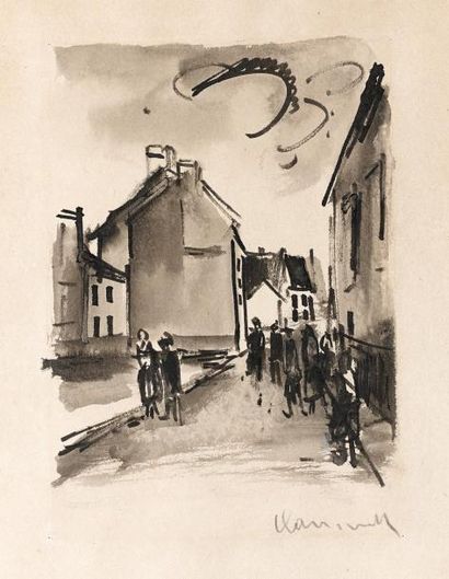 Maurice de Vlaminck (1876-1958) Rue animée. Encre et lavis sur papier, signé en bas...